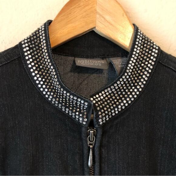 Chico’s Studded Denim Jacket Women’s Size Medium Black Stretch Zip Up Old Money - Picture 2 of 12